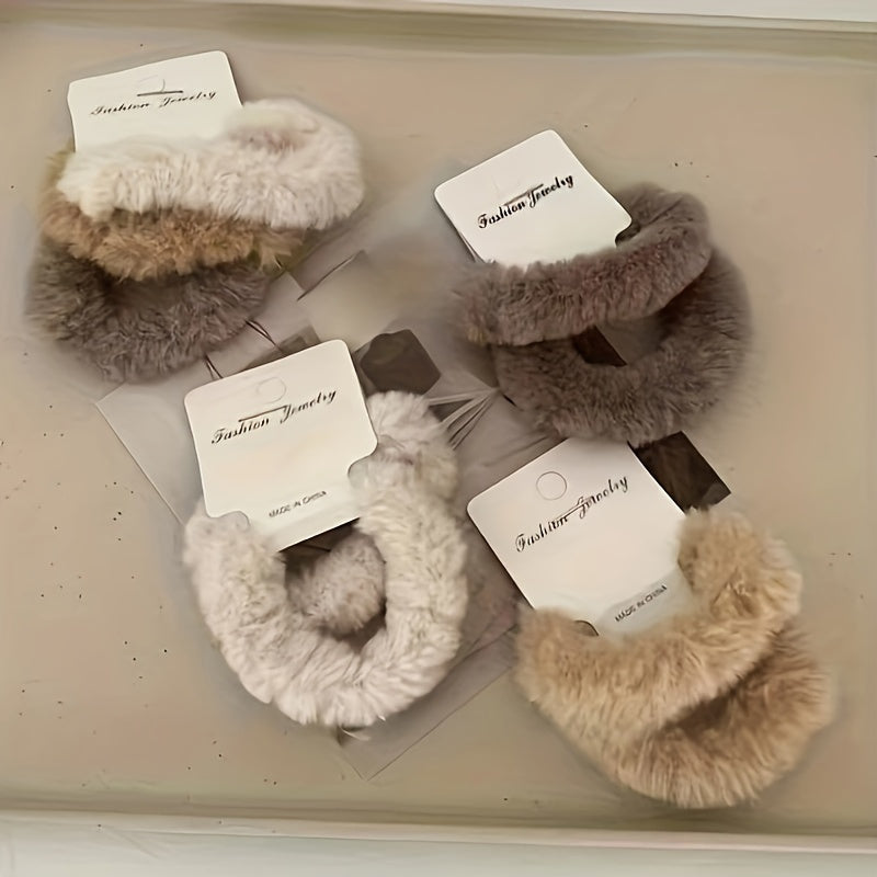 A Set of 6 Plush Hair Ties in a Milk Tea Color Scheme