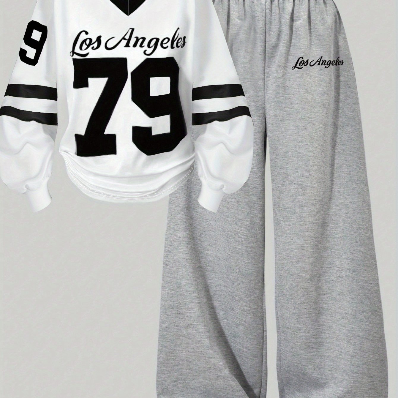 [2pcs} Digital Print Versatile V-Neck Top and Simple Wide-Leg Pants Set