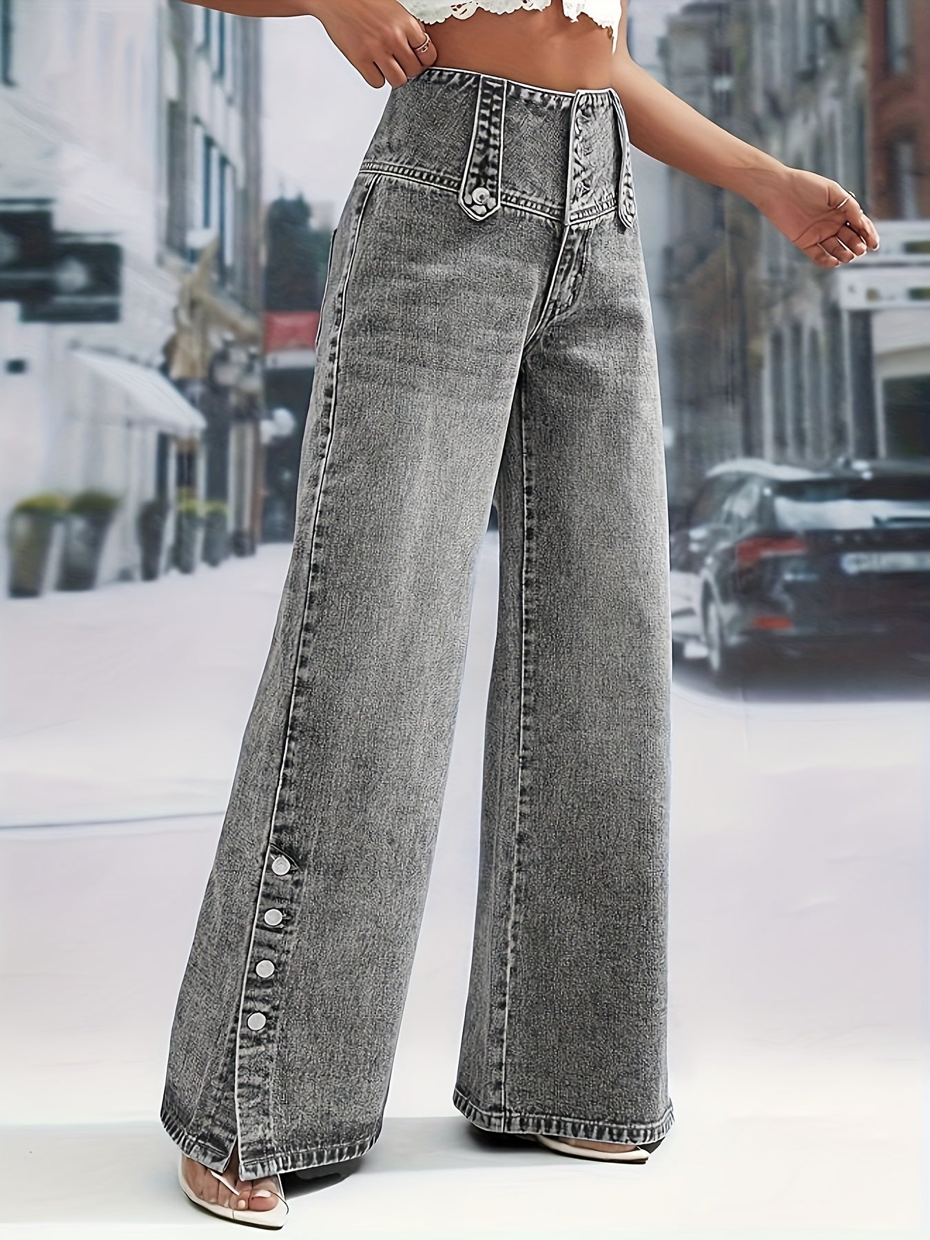 High-Waisted Snowflake Denim Pants with Buckle & Snap Closure