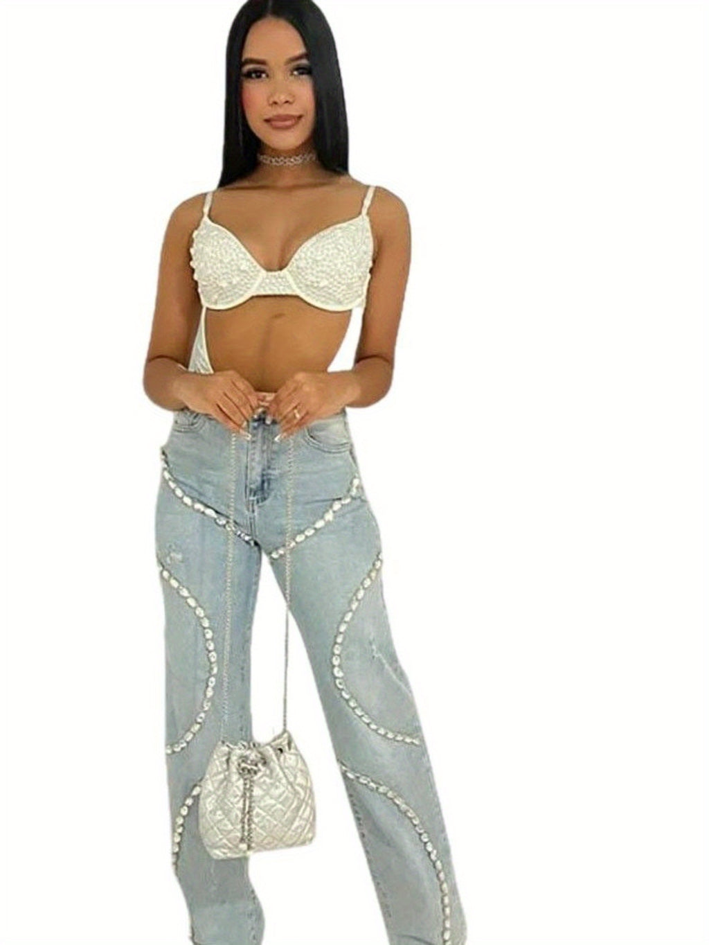 Rhinestone-Embellished Straight-Leg Jeans