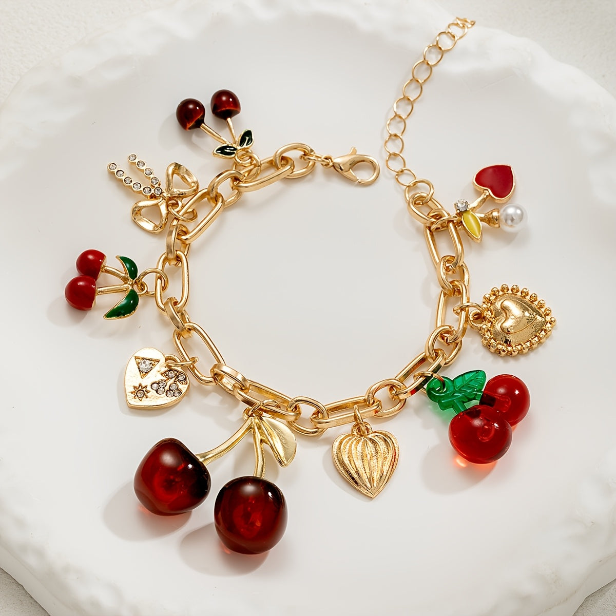 Sweet Cherry Bracelet with Heart & Bow Charm