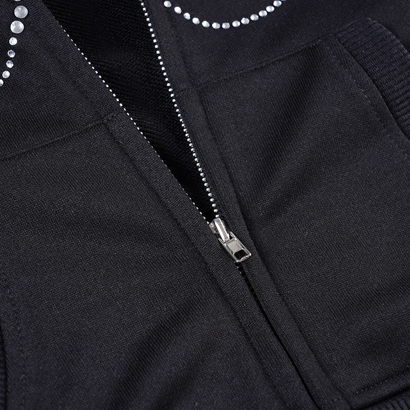 Casual Fleece Long Sleeve Zip-Up Hoodie Jacket with Rhinestone Letter Design