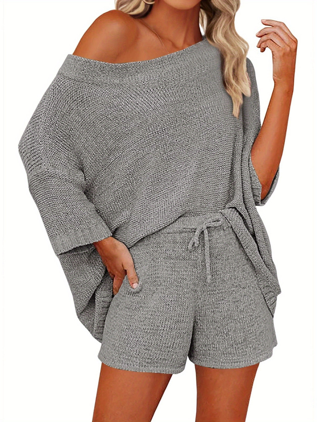 Women's 2pcs Outfits Sweater Sets Off Shoulder Knit Top Shorts Matching Suits Cute Pajama Lounge Set