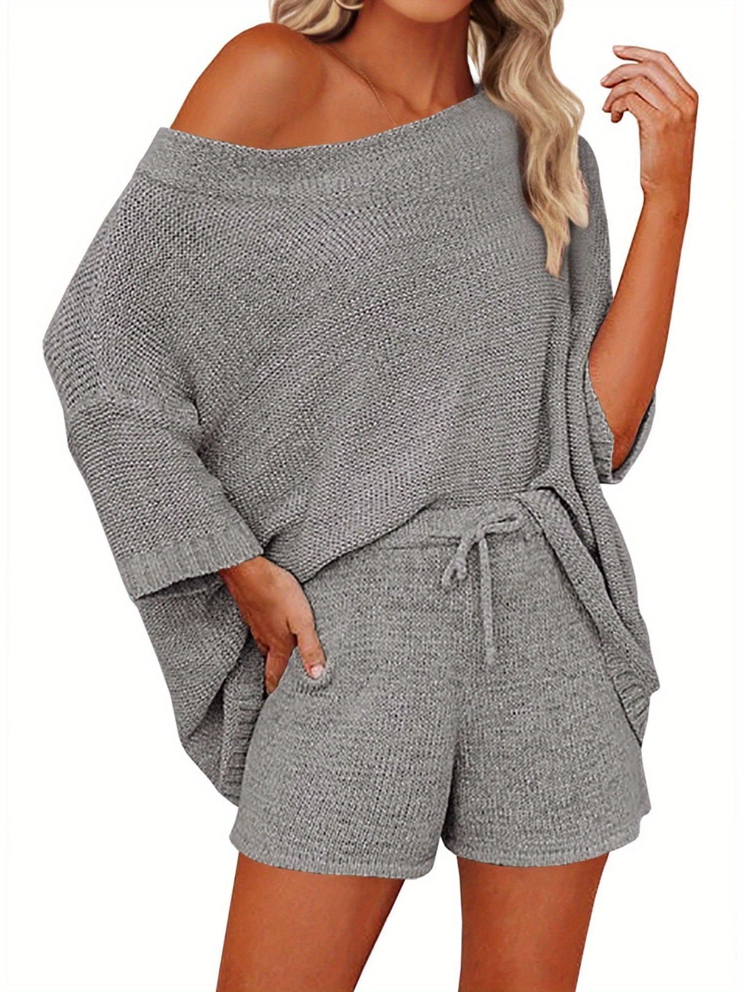 Women's 2pcs Outfits Sweater Sets Off Shoulder Knit Top Shorts Matching Suits Cute Pajama Lounge Set