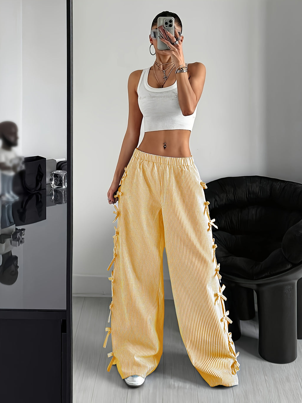 Pink & White Horizontal Striped Wide-Leg Bell-Bottom Pants with Ruffled Hem & Bow Tie Waist