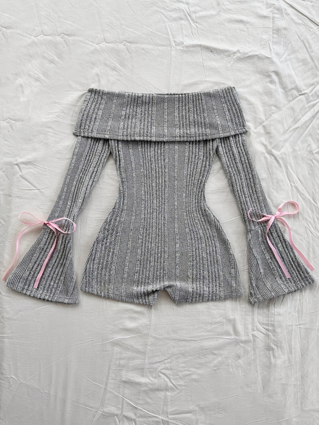 Knitted Ribbed Solid Color Flared Long Sleeve Slim Jumpsuit