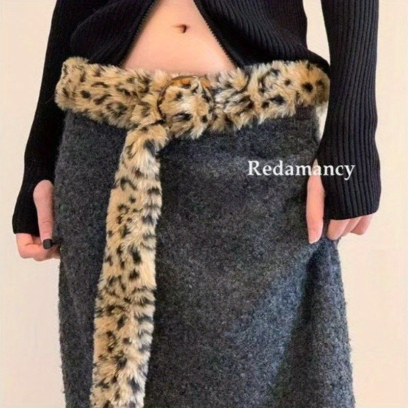 Leopard Print Imitation Leather & Plush Faux Fur Belt with Plug Buckle
