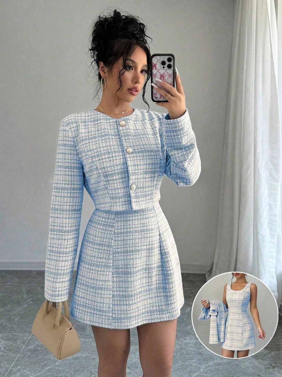 Women'S Fall/Winter Fashionable Elegant Dress Two- Piece Set- Single- Breasted Short Coat+ French Retro Tweed Dress