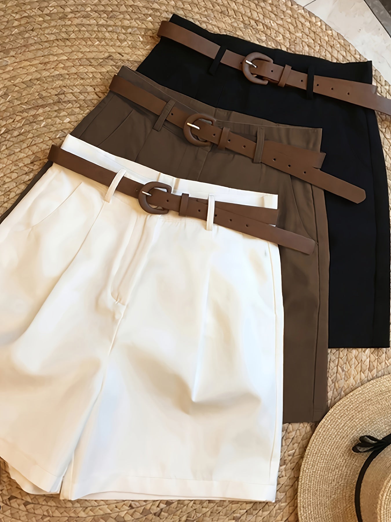 Women'S Elegant Three-Piece Set - Solid Color Shorts with Zipper Pockets, All-Season Casual & Formal Wear, Beige/Black/Brown, Comfortable Fabric