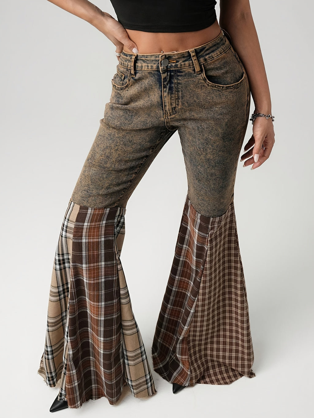 Plaid Patchwork Flared Jeans