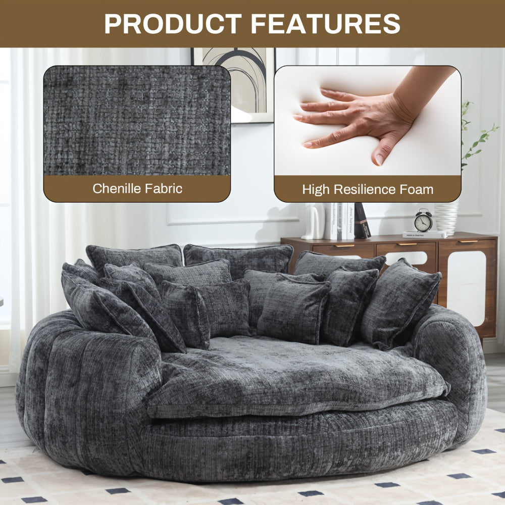 81" Upholstered Chenille Round Sofa Bed with Plush Fluffy Cushion