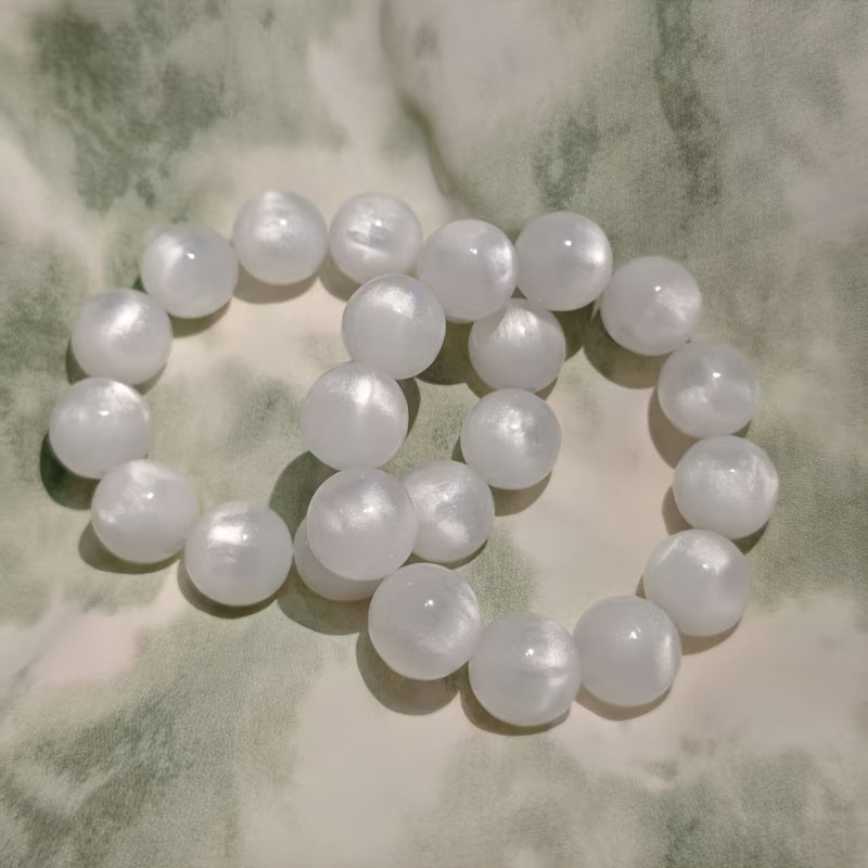 Elegant Bohemian White Cat's Eye Stone Resin Beads Bracelet - 16mm Large Smooth Spherical Beads