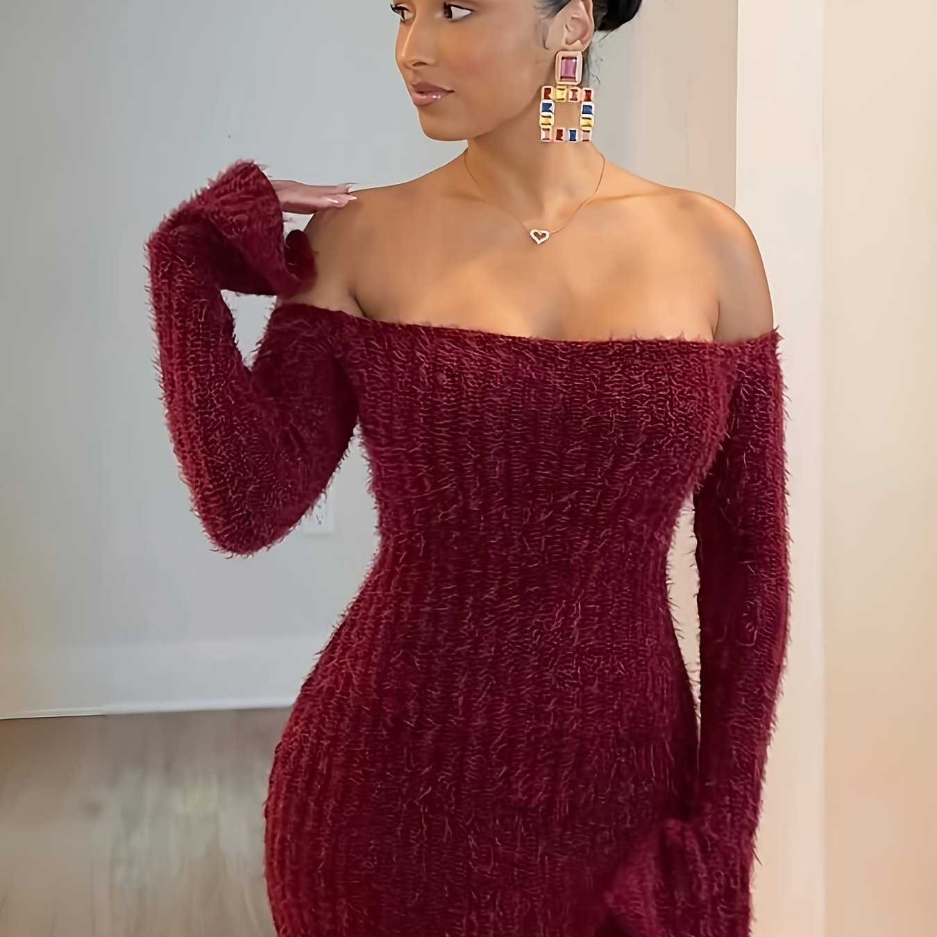 Off-the-Shoulder Burgundy Fuzzy Bodycon Dress