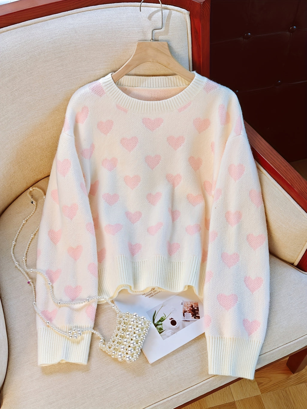 Women'S Pink Heart Sweater - Soft & Cozy Long Sleeve Pullover with Round Neck, Elegant Casual to Formal Wear, All-Season Comfort, Casual Wear Sweater | Round Neck Sweater | Soft Texture