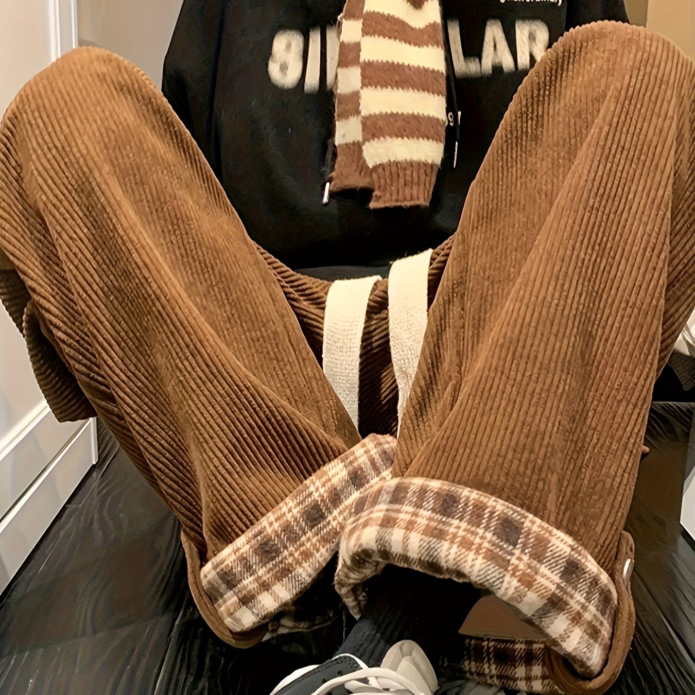 Women's Spring and Autumn Plaid Flared Pants Korean Style Loose Straight Leg Trousers