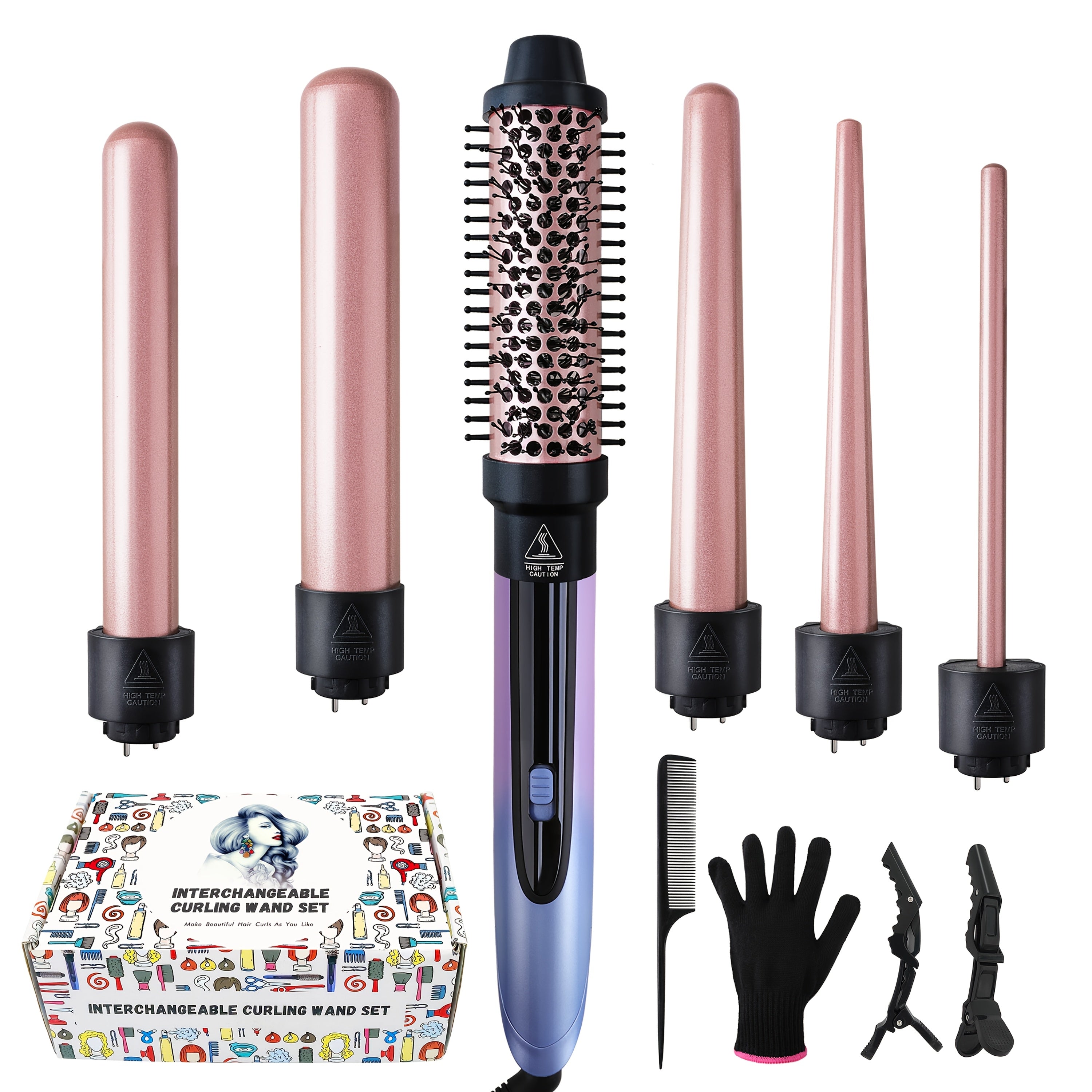 Hair Curling Wand 5in 1 Hair Curlers Iron Set 0.4" - 1.25" with 5 Ceramic Interchangeable Barrel