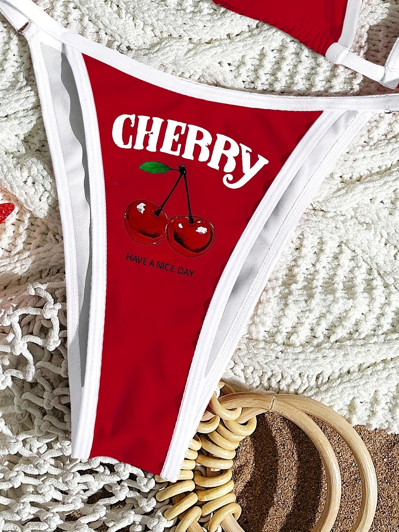 Letter Print Three-Piece Swimsuit Set with Halter Neck Top and High-Cut Triangle Bottoms Cherry Print