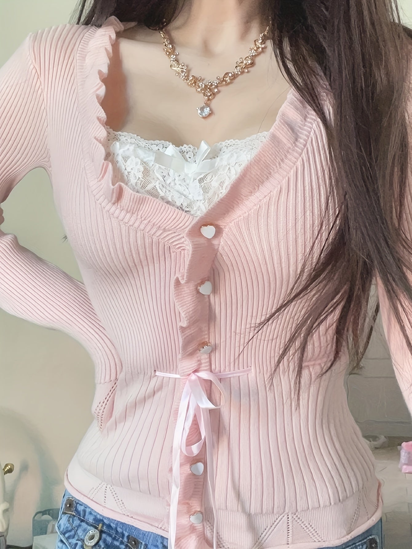 V-Neck Top with Contrast Lace Trim & Bow Detail