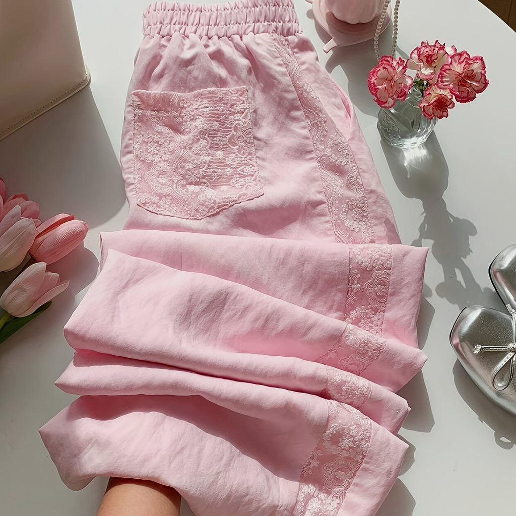 Pink Lace Patchwork Elastic Waist Casual Versatile Trousers