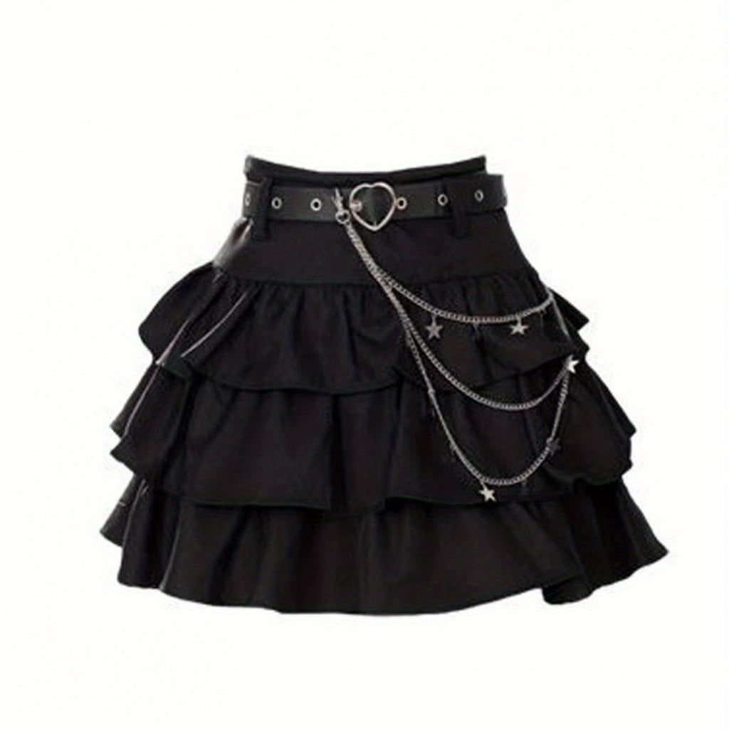 High-Waisted Flared A-Line Mini Skirt with Belt Buckle & Chain Strap