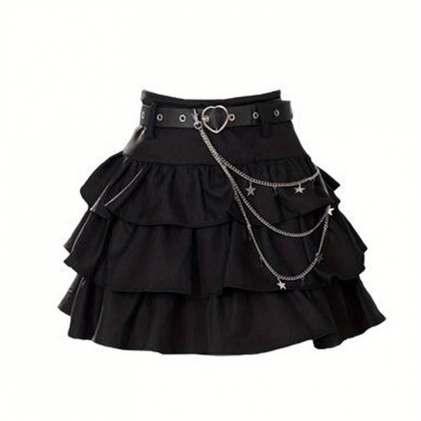 High-Waisted Flared A-Line Mini Skirt with Belt Buckle & Chain Strap