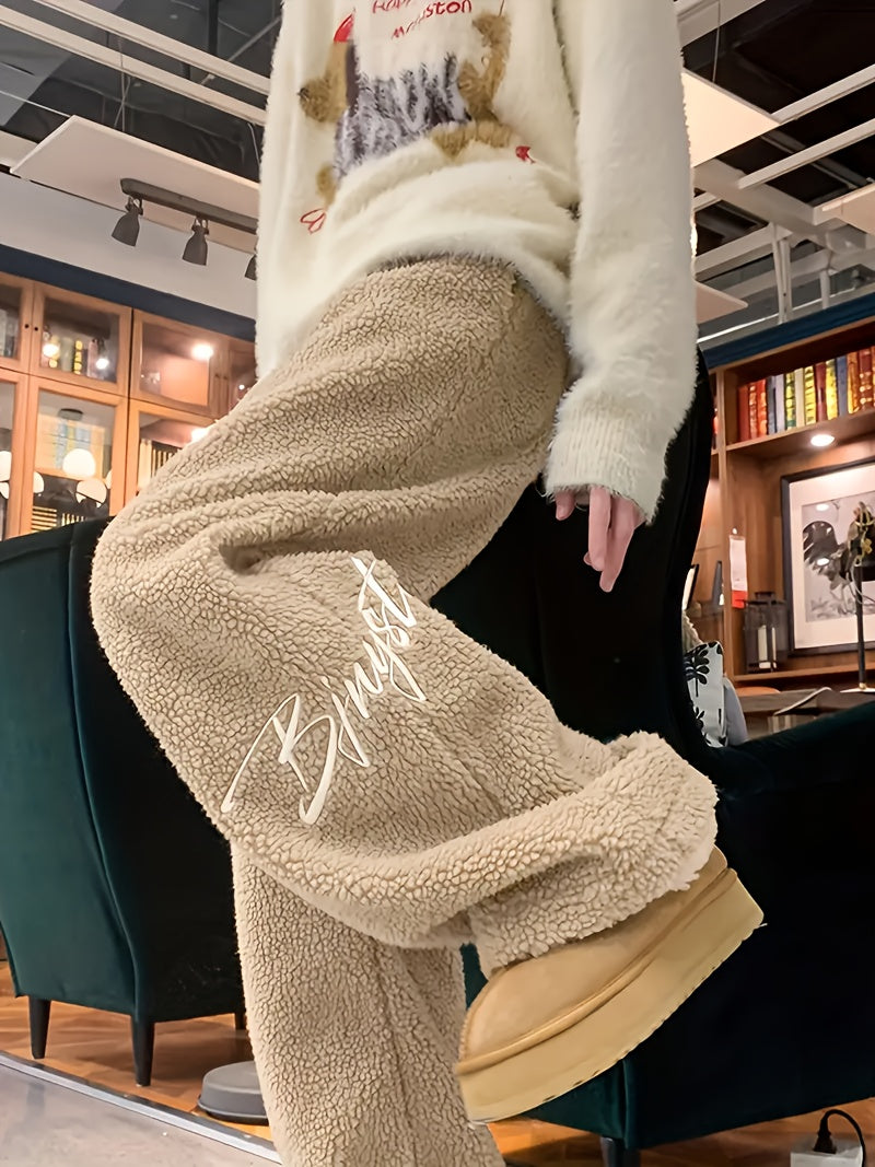 Fleece-Lined Embroidered Casual Pants