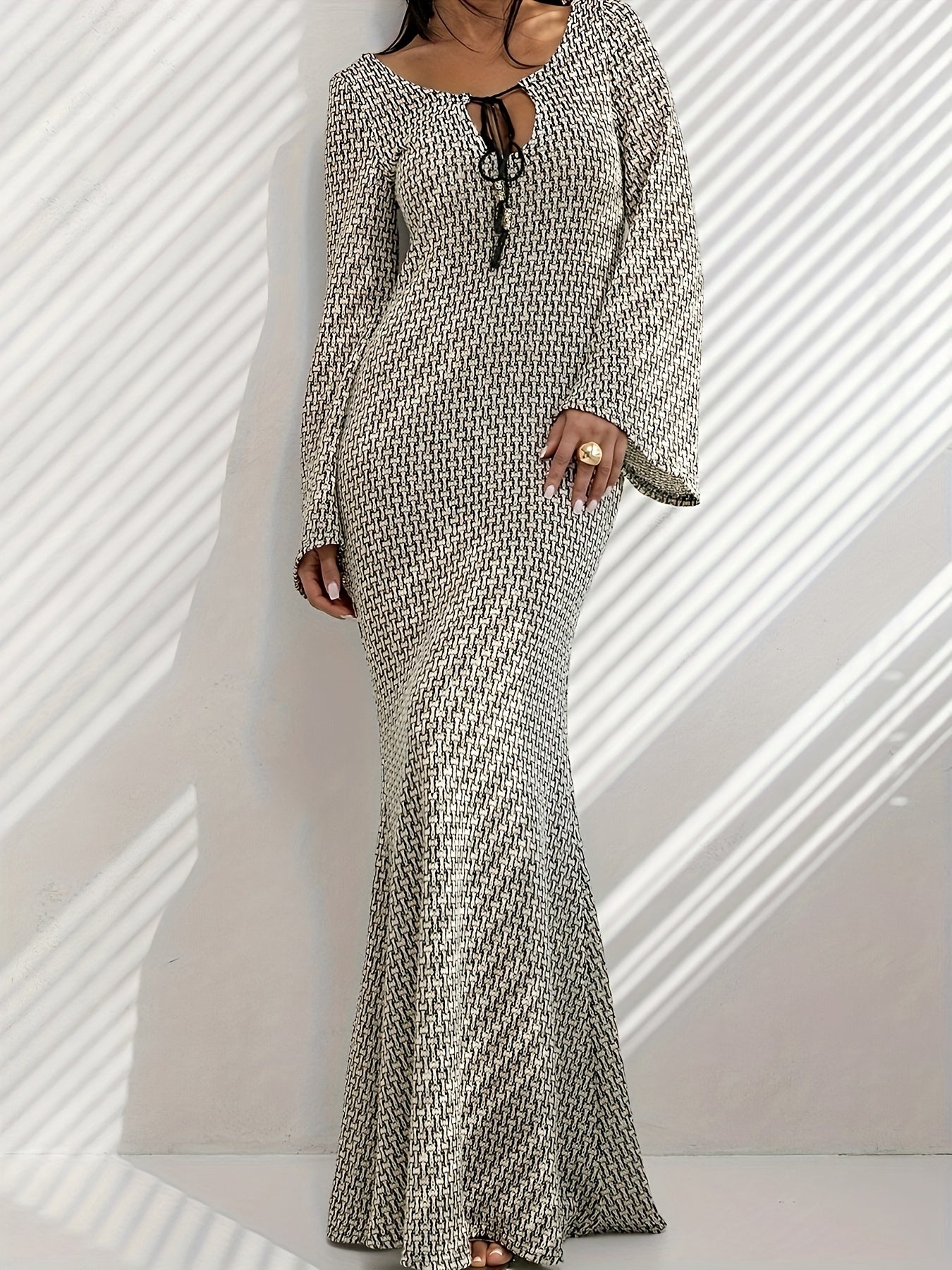 2025 Spring Summer Autumn Women'S New Deep Round Neck Beaded Embellished Lace-up Long Sleeve Dress Long Skirt Draping Design Sensational Ethnic Style Bohemian Style Pattern Print Simple Sexy Elegant Style Fabric Comfortable V