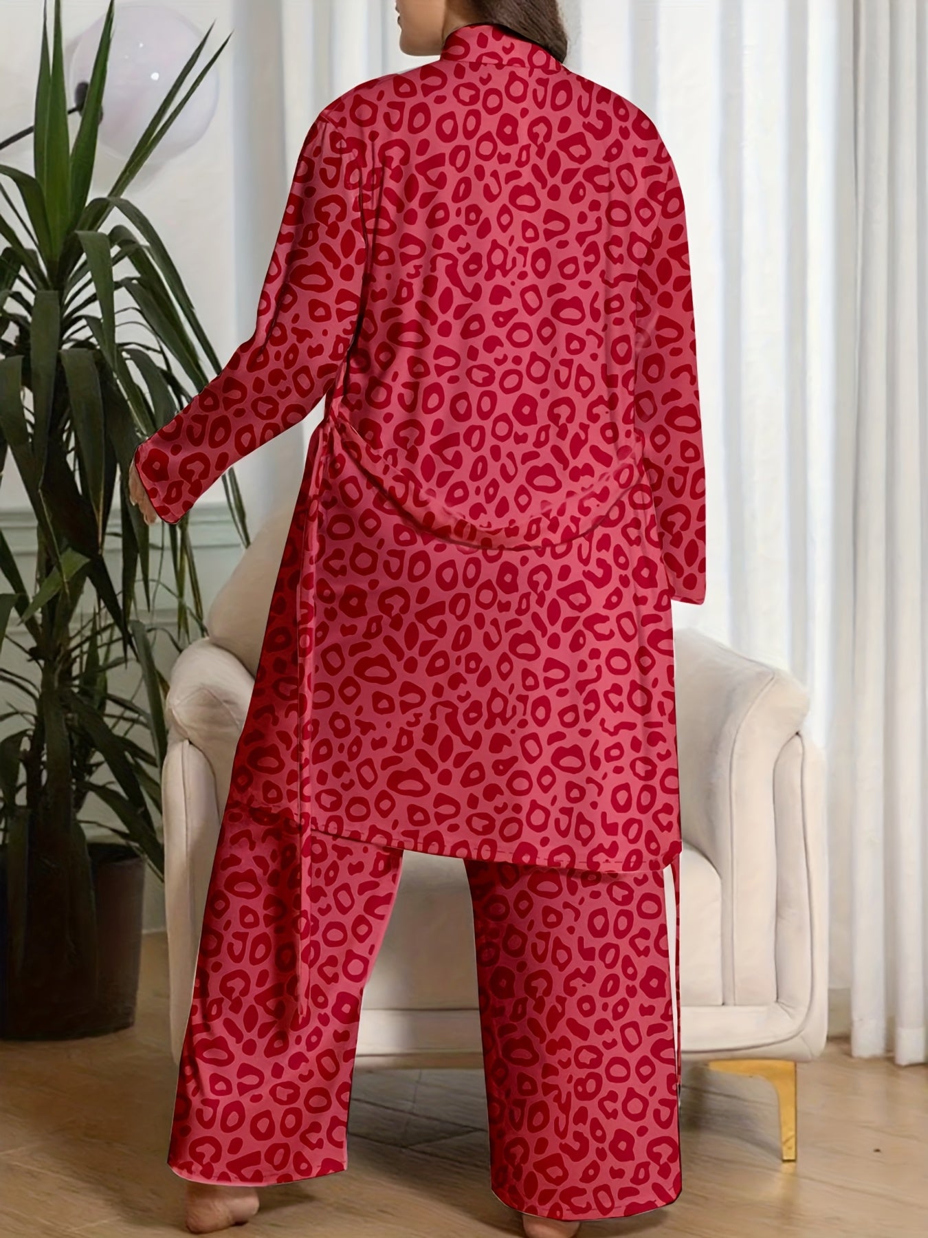 Leopard Print Pajama Set with Robe and Pants