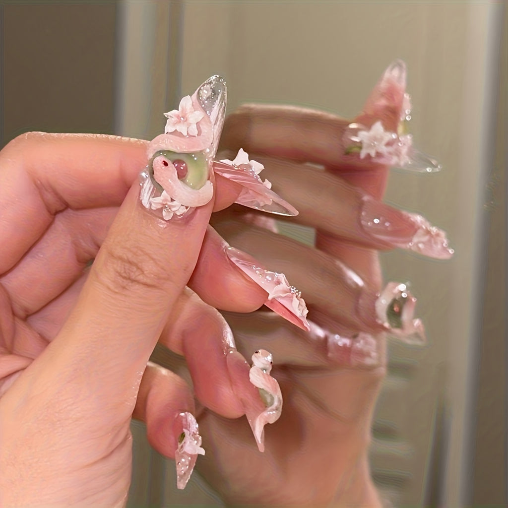 10pcs Handmade 3D Press-On Nails Almond Shape Short Length - Sweet & Edgy Snake & Flower Relief Designs with Glitter 3D Layered Nail Art Suitable for Women's Daily Wear, Parties, Christmas Gift (Handmade Press-On Nails)