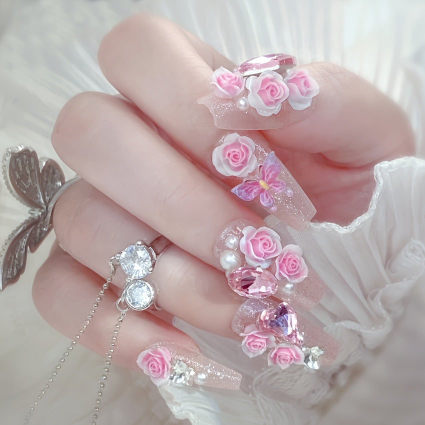 {24pcs} Spring 3D Pink Rose Fake Nails
