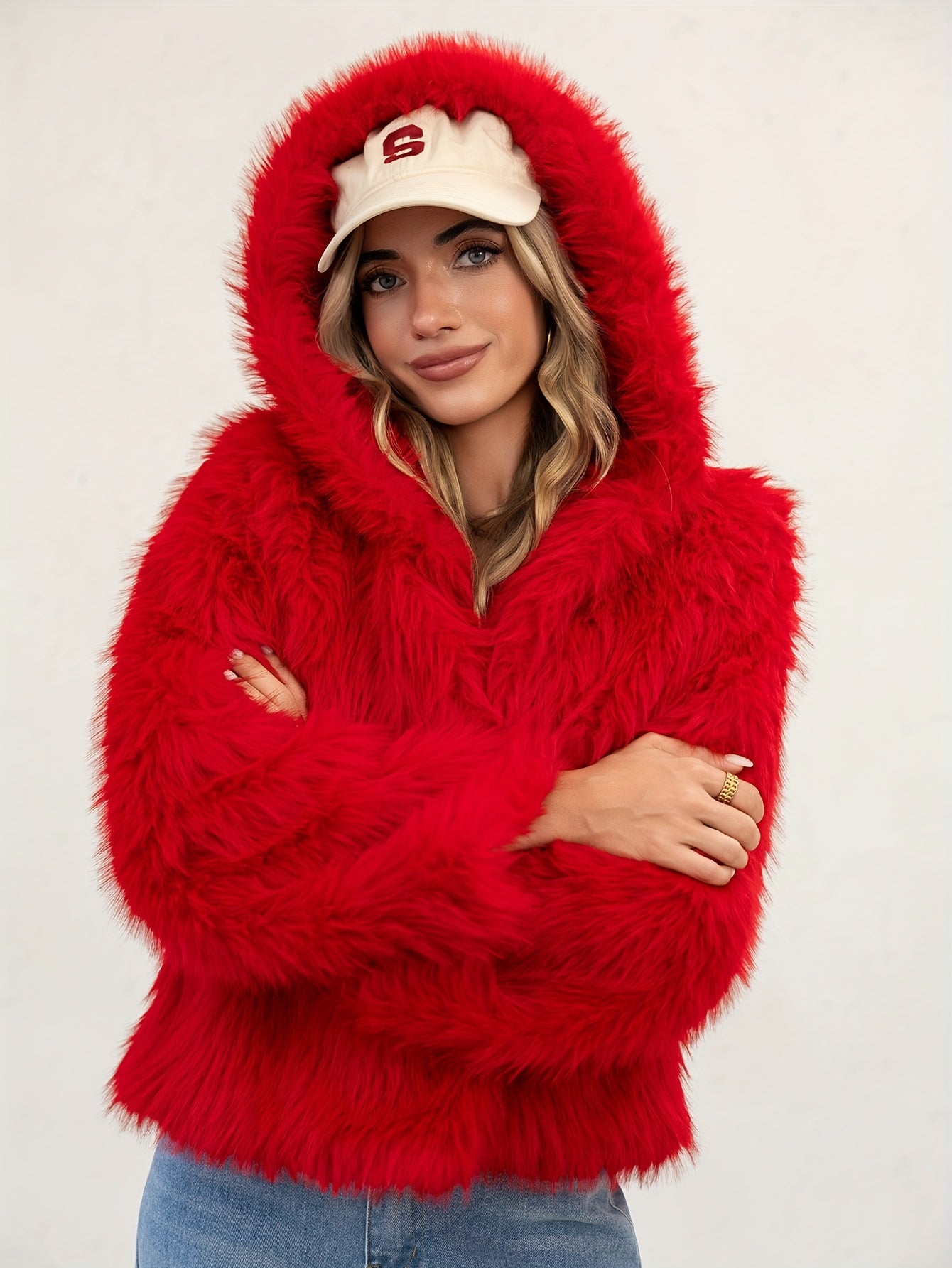 Women'S Elegant Red Faux Fur Hooded Coat - Long Sleeve, Button-Up Front, Fluffy Lined, Perfect for Fall/Winter, Casual Style, Winter Outerwear | Fluffy Lined Coat | Buttonup Coat, Winter Clothes For Women, Coat For Women, Sty