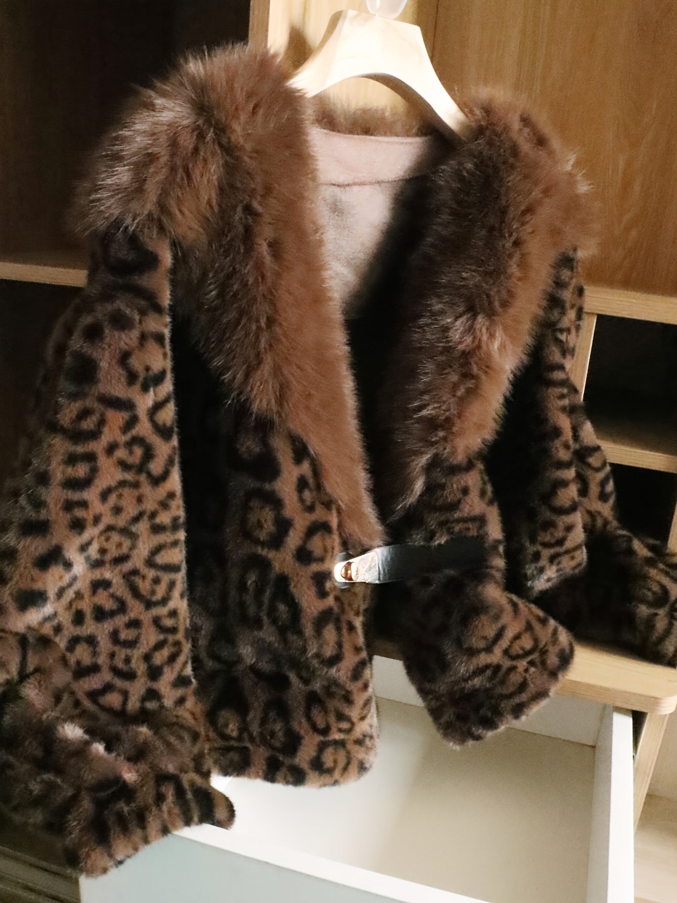 Leopard Print Faux Fur Collar Jacket
