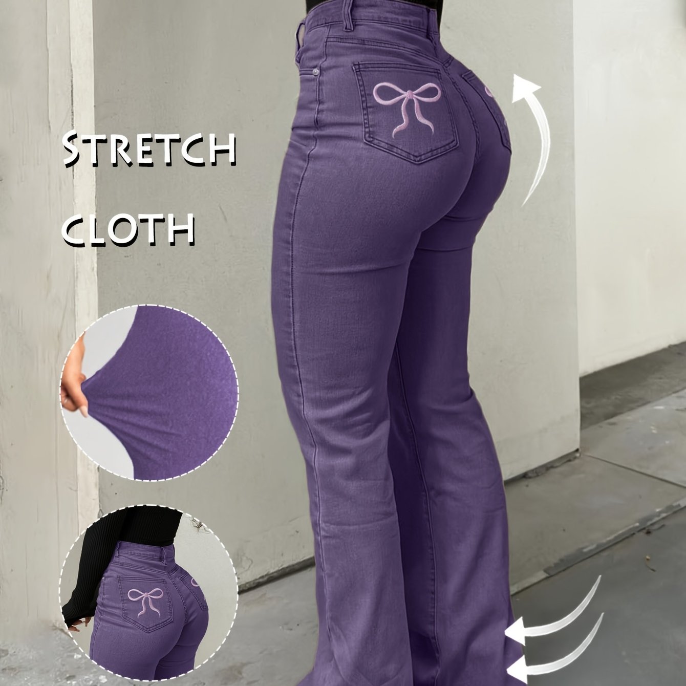 Women'S High-Waisted Stretch Denim Flare Jeans with Embroidered Bow Detail, Street Style Casual Pants, All-Season Comfort, Blue, High Waisted Jeans, Comfortable Fashion, Durable Fabric