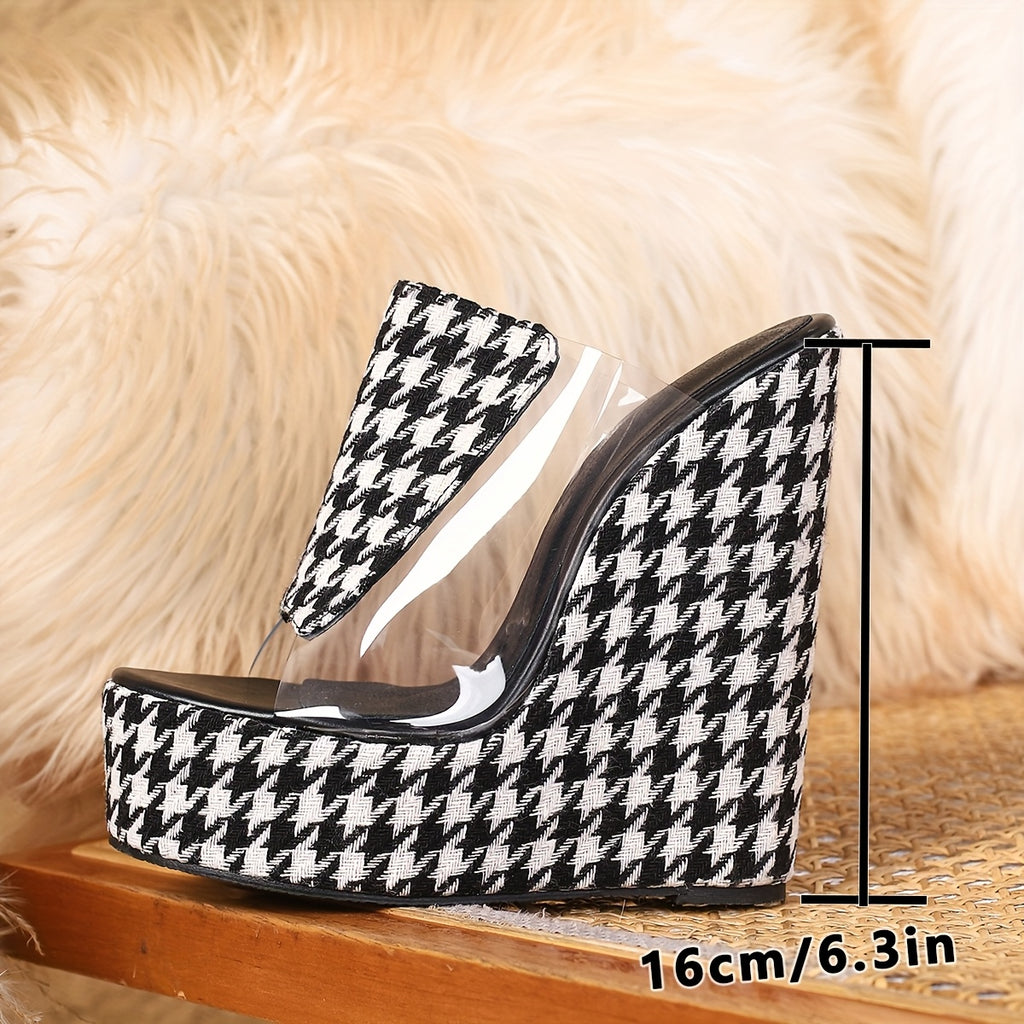 Houndstooth Color-Blocked Open-Toe Wedge Sandals