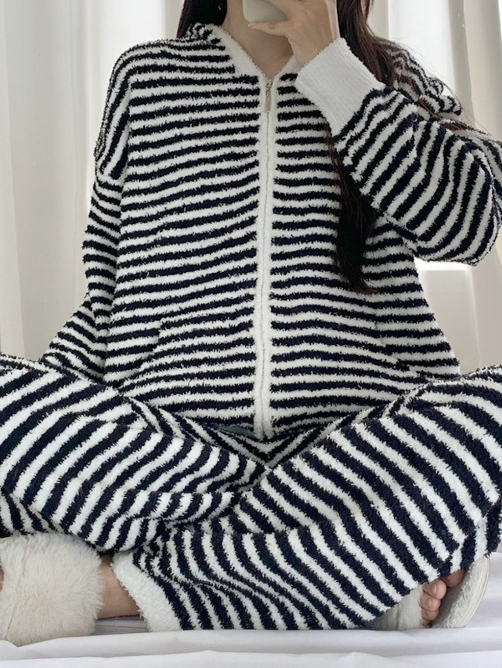 Winter Hooded Striped Pajama Set for Women, Cozy Wearable Loungewear