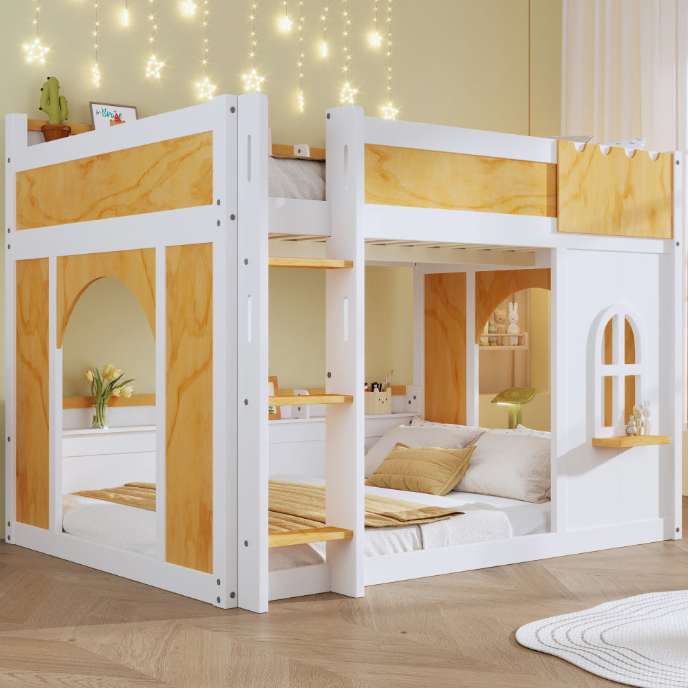 Full over Full Bunk Bed with Storage Shelves, Window & Two Doors - Twin/Full Bed Frame, Space-Saving Heavy-Duty, 550 Weight Capacity, Easy Assembly (White & Natural) for ' Bedrooms, Dorms, Guest rooms