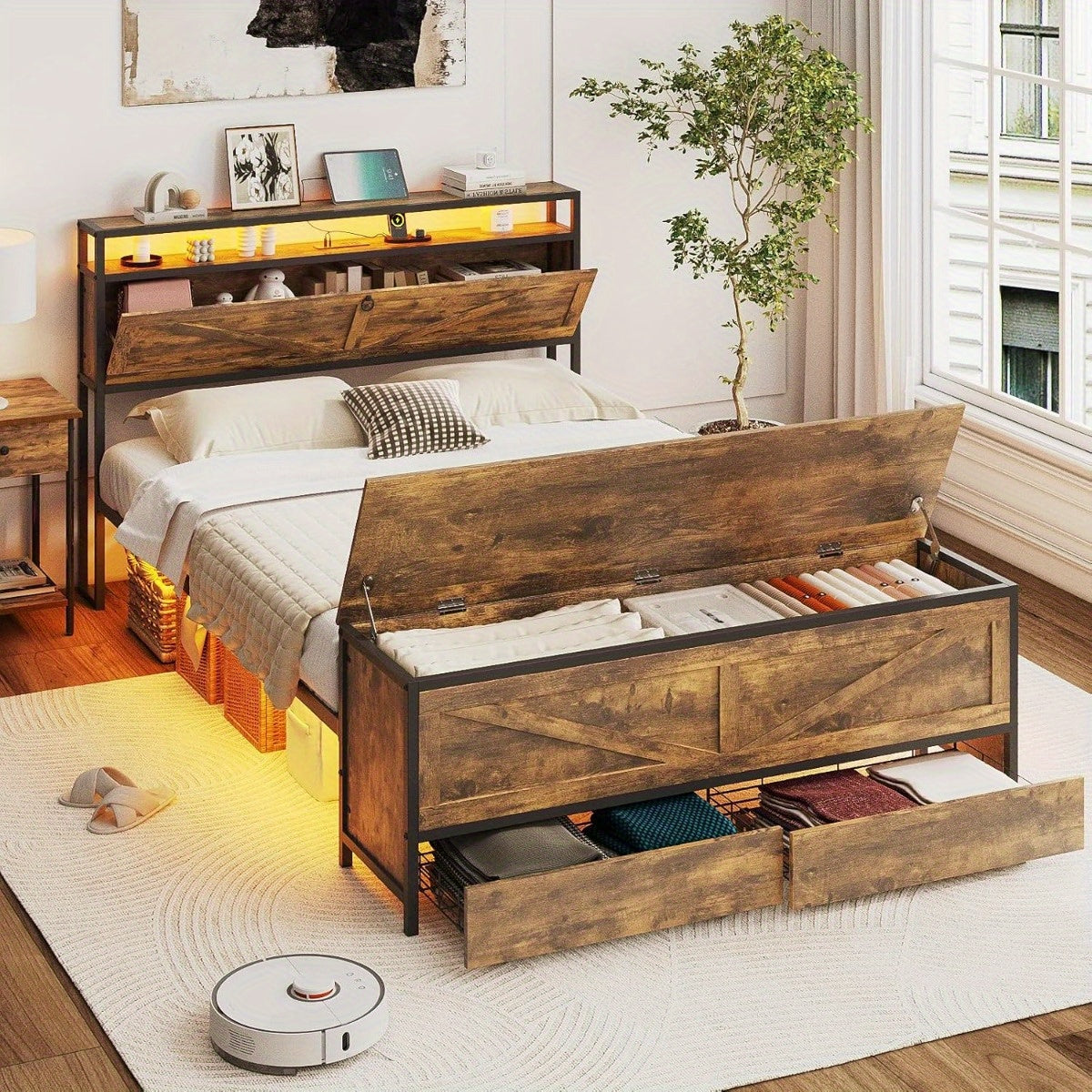 Industrial Metal Bed Frame with Heavy Duty Steel Pipe Design - Vintage Rustic Finish & Noise-Free Support, No Box Spring Needed