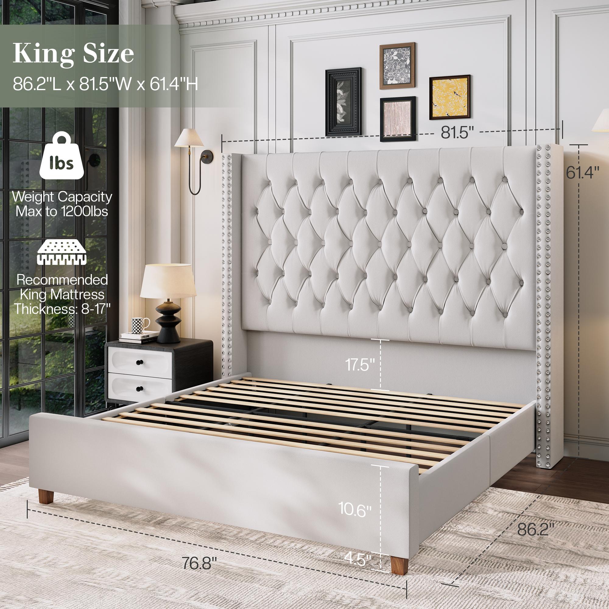 61.4" Tall Luxury Bed Frame with Tufted Wingback Headboard