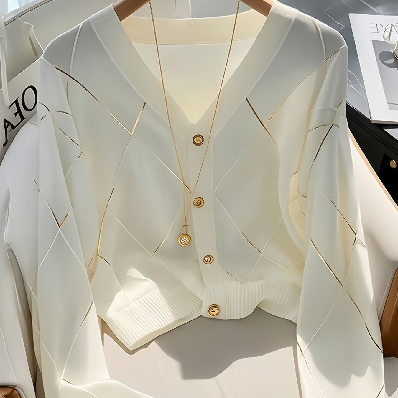 Diamond-Patterned Knitted Long-Sleeve Shirt