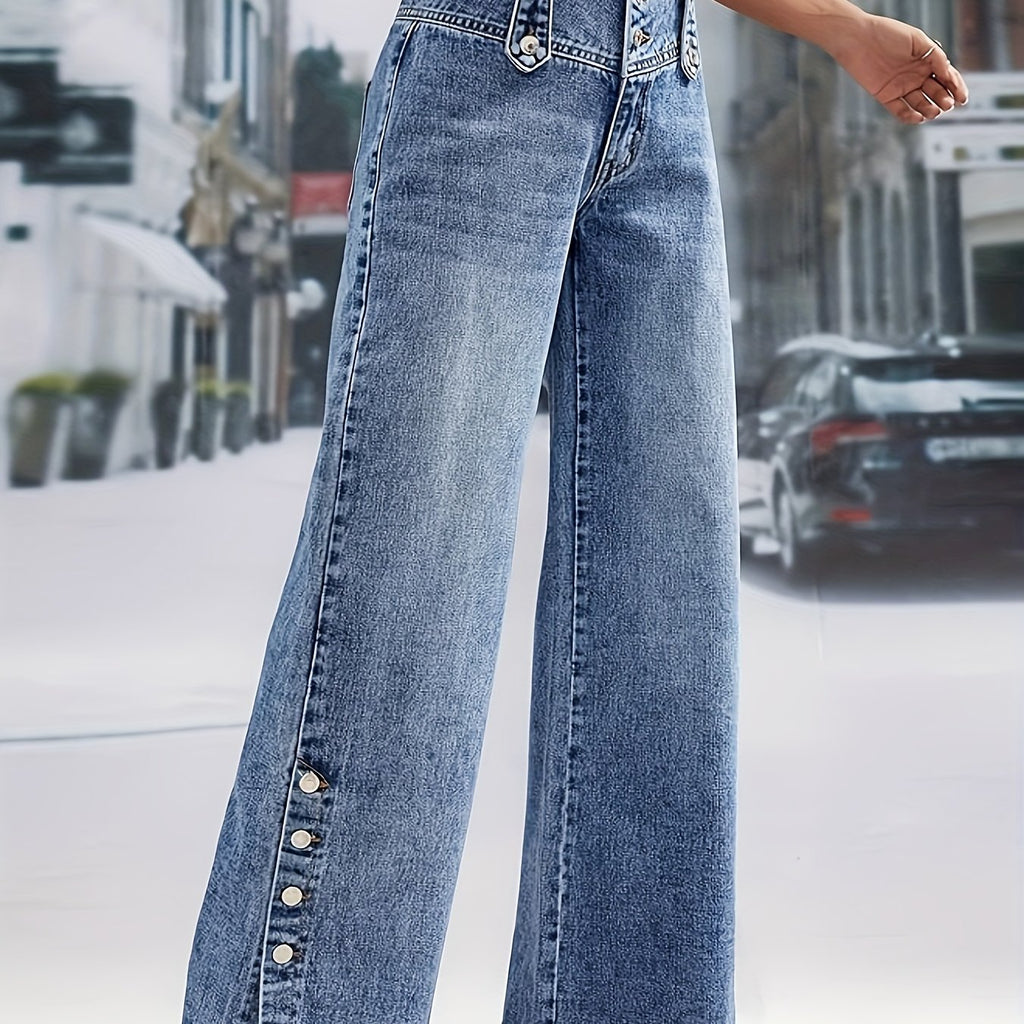 High-Waisted Snowflake Denim Pants with Buckle & Snap Closure