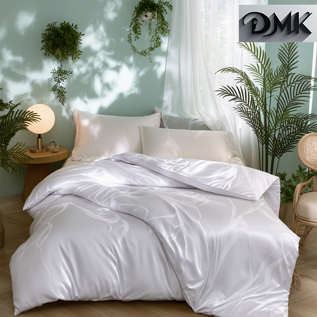 {3pcs} Golden/white Luxury Satin Jacquard Comforter Set