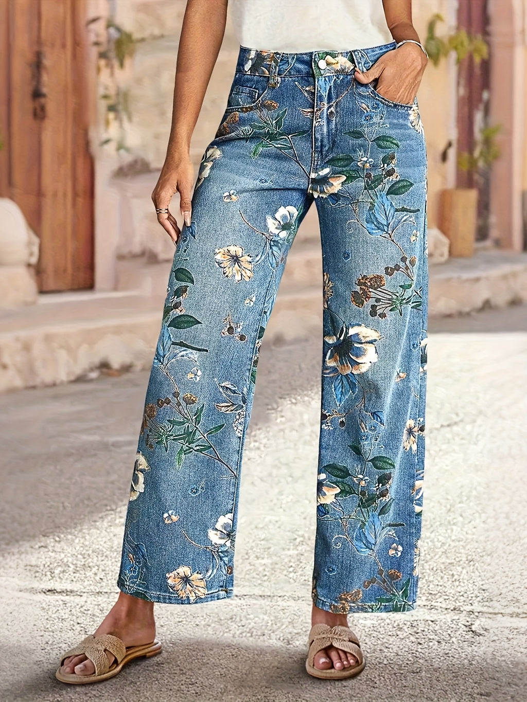 Women'S Large-sized Stretch Retro High-waisted Denim Pants With Bright Floral Print - Casual Retro Street Pants, Machine-washable Denim, Side Pockets