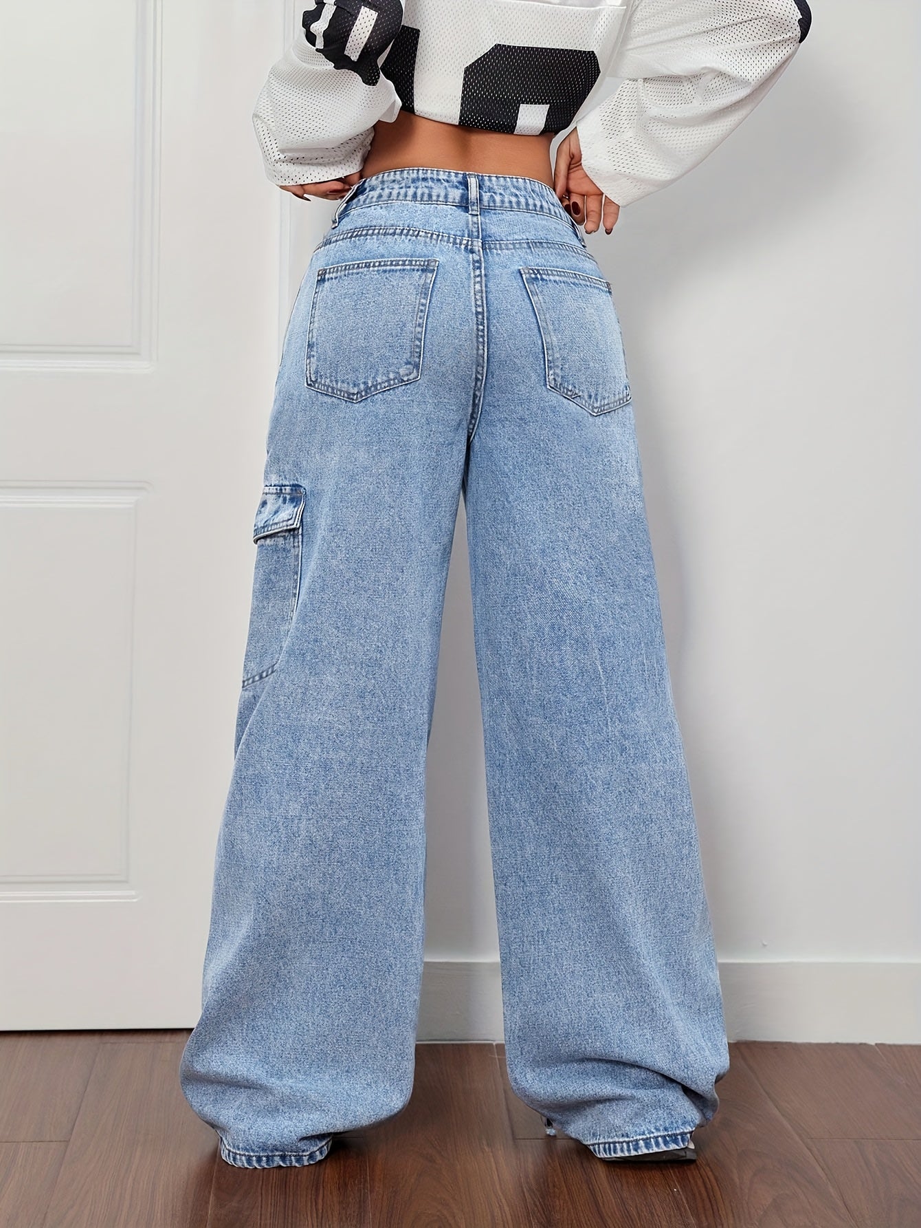 Denim Curved Bow Side Pocket Straight Trousers