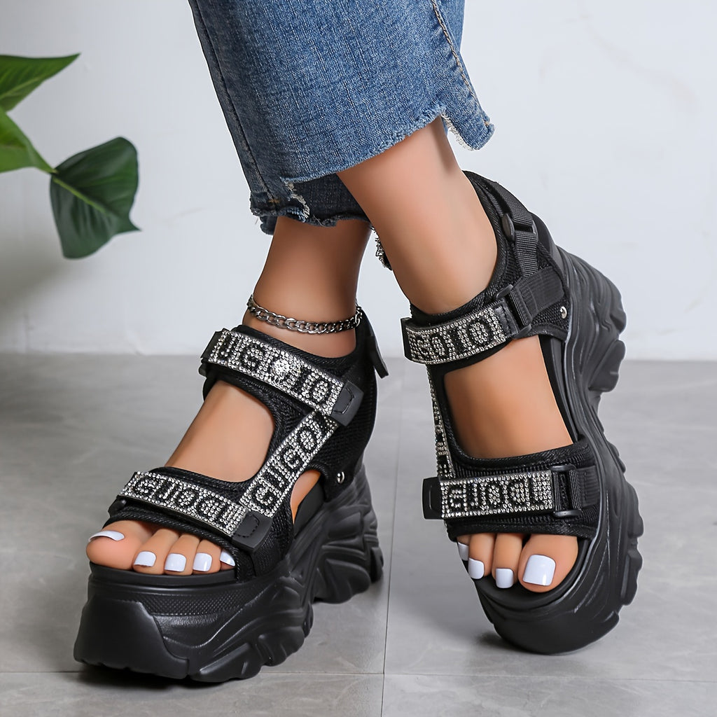 Women's Rhinestone Platform Sandals - Black Open Toe High Heel, Breathable Mesh Upper & PU Sole, Fashionable Summer Shoes with Closure for Casual or Party Wear, Casual Footwear | Rhinestone Embellishments, High Heel Sandals