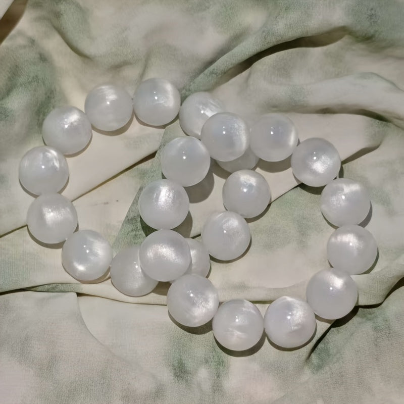 Elegant Bohemian White Cat's Eye Stone Resin Beads Bracelet - 16mm Large Smooth Spherical Beads