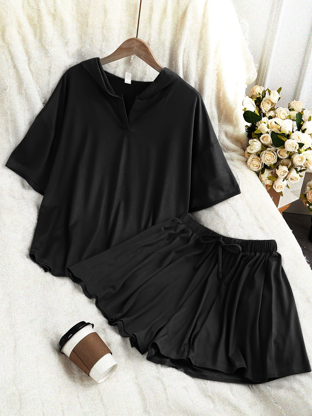 Casual Solid Color Hoodie Sweatshirt and Drawstring Shorts Set