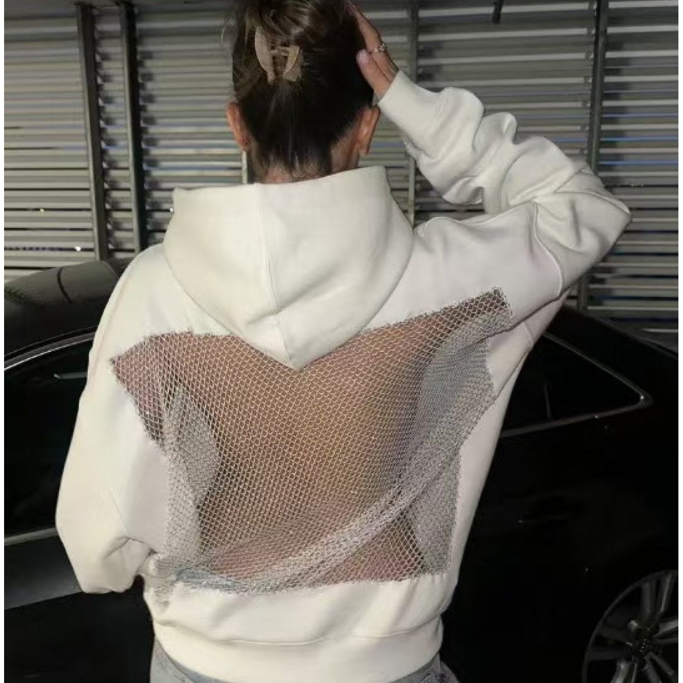 Semi-Sheer Mesh Hooded Sweatshirt