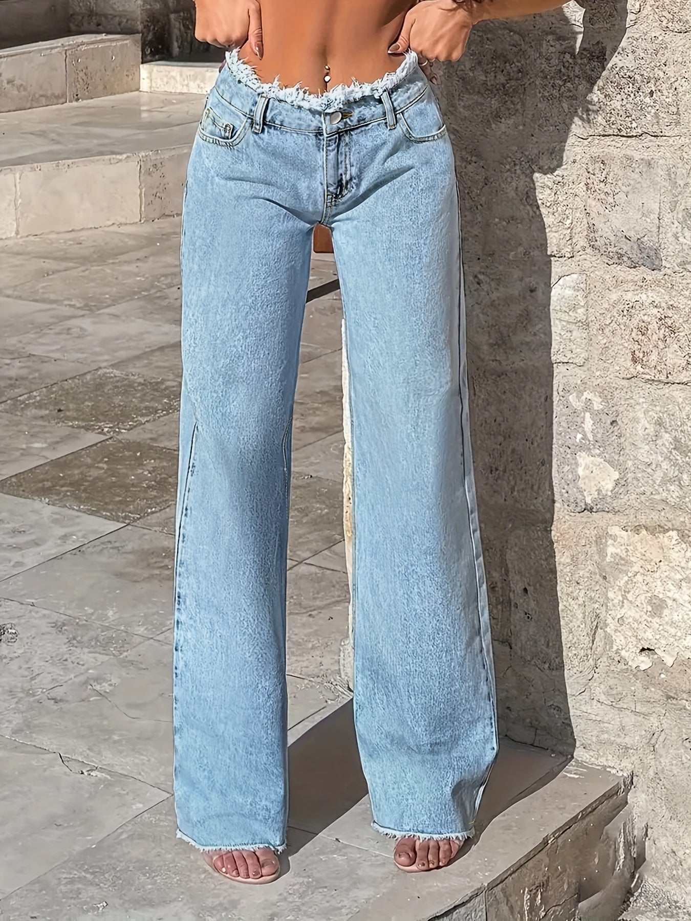 High-Waisted Wide-Leg Distressed Denim Jeans