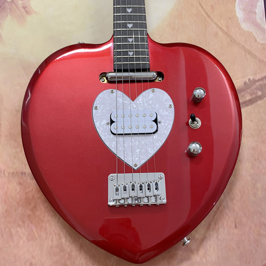 Red Electric Guitar with Heart Cutout Body & Glittering Pickguard