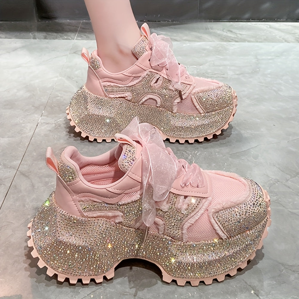 Rhinestone-Embellished Sneakers with Thick Platform Sole